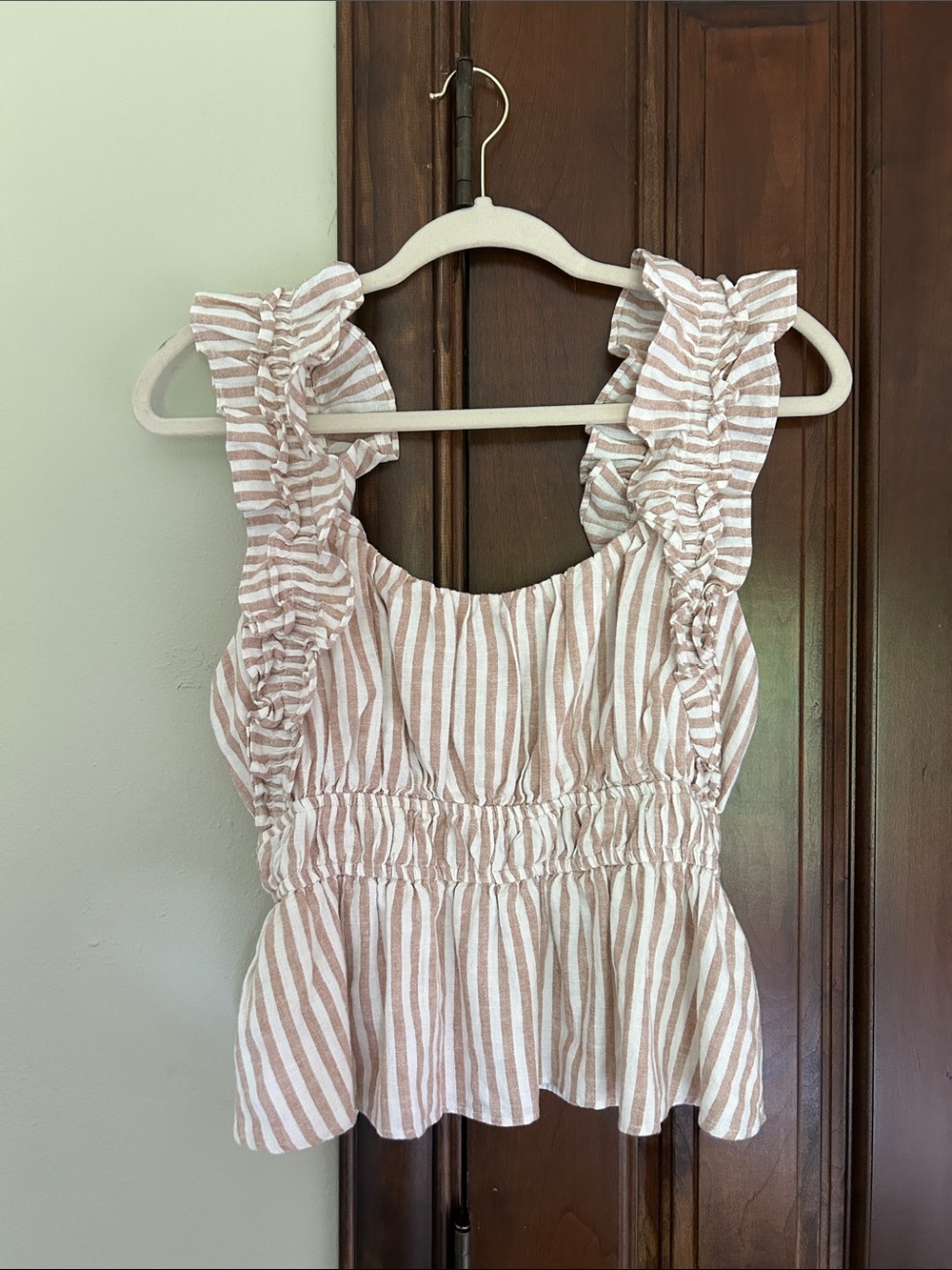 ABERCROMBIE & FITCH - Striped Ruffle Sun Top - Golden Tan / Soft White